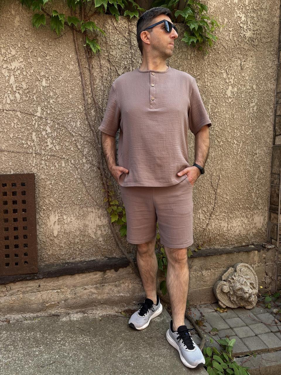 Чоловічий комплект з шортами COSY мусліновий "Capri", мокко, фото 1
