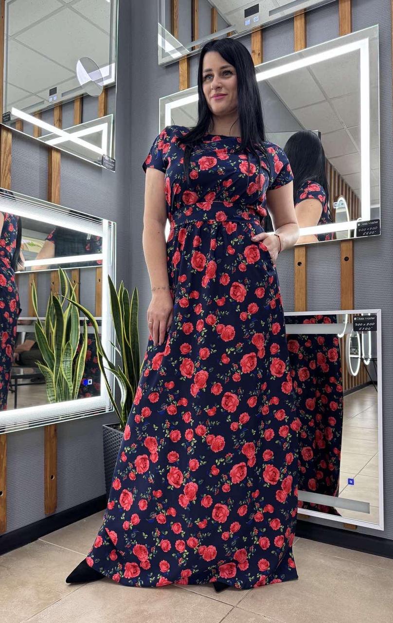 Жіноча довга сукня із софтової тканини з квітковим принтом. Розміри від 44 до 58