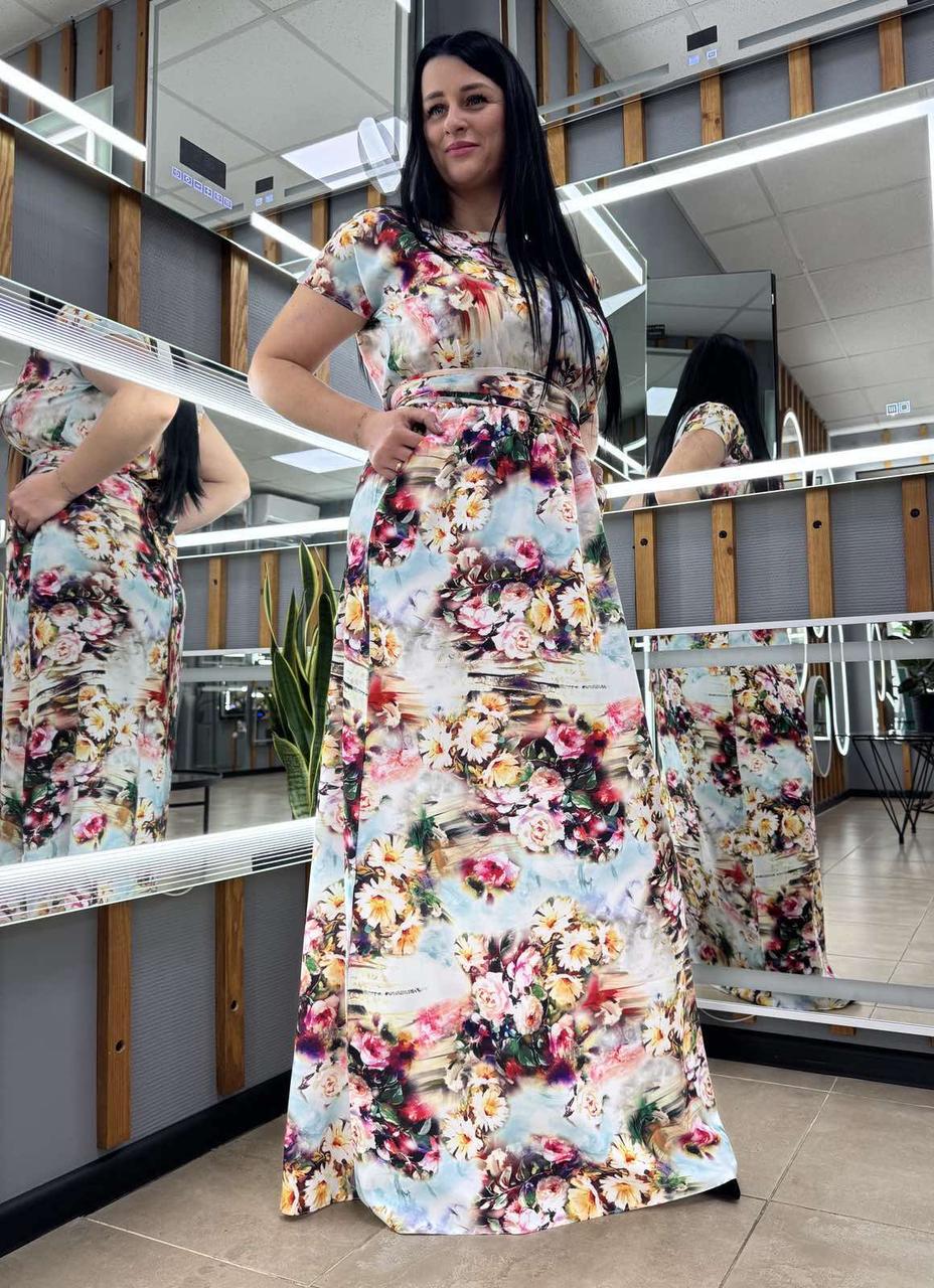 Довга жіноча сукня із софтової тканини з квітковим принтом. Розміри від 44 до 58