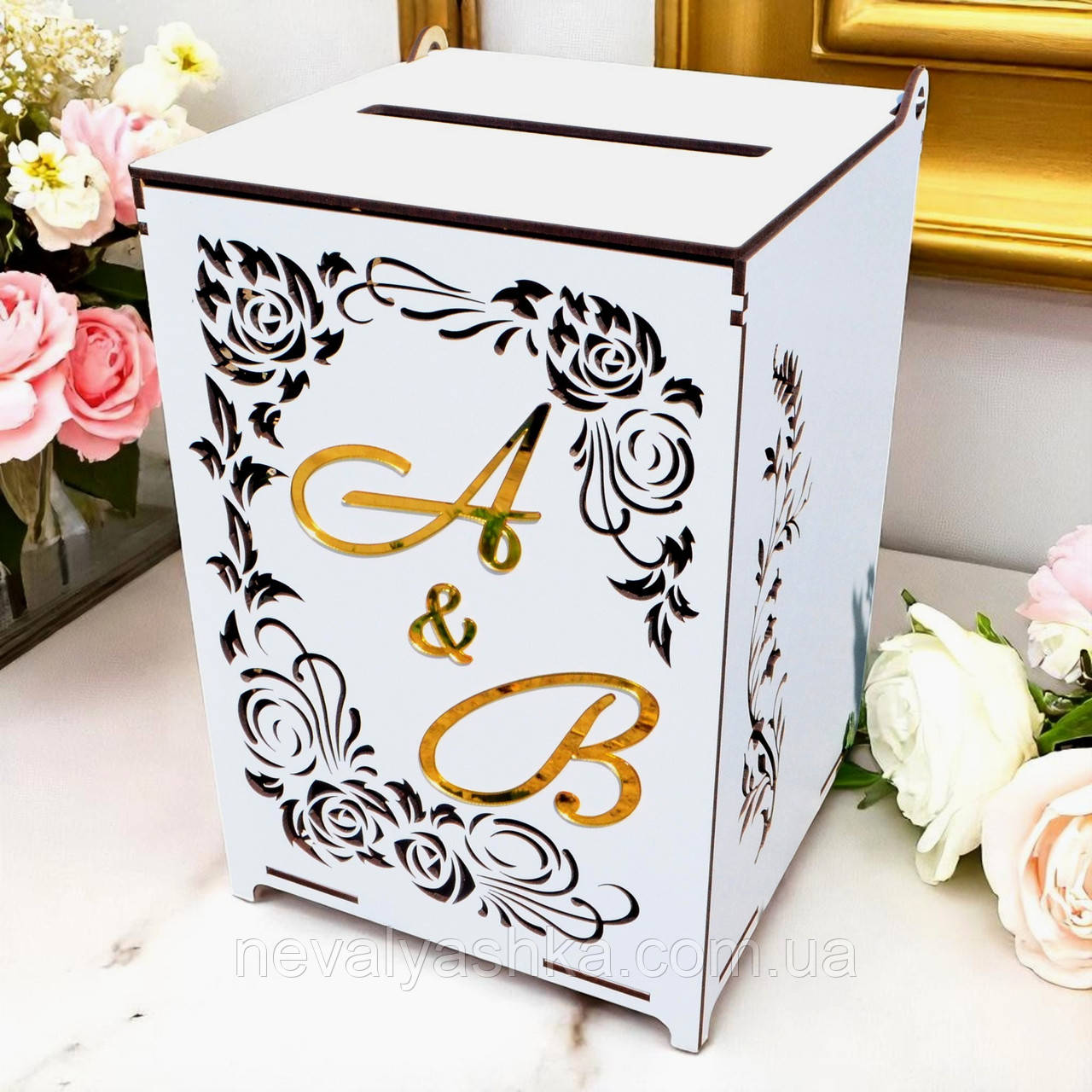 Коробка для Грошей на Весілля (+ Ваші Ініціали), Весільна Дерев'яна Скарбничка, Скриня для Збору Конвертів, фото 1