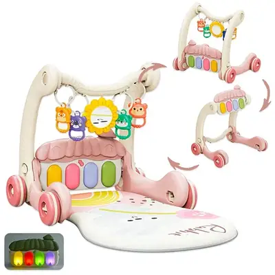 Ігровий центр 3в1 з килимком піаніно Багатофункціональні ходунки зі світлом звуками і 5 підвісками брязкальцями