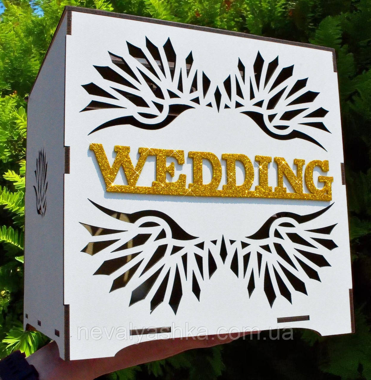 Коробка для Грошей на Весілля + слово WEDDING, Весільна Дерев'яна Скарбничка Веддінг, Скриня для Збору Конвертів Ведінг