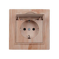 Розетка із заземленням з кришкою,  вологозахищена 16А, термопластик, Enzo  біле дерево