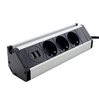 Меблева розетка кухонна (горизонтальна)  3 x 16А, 2 x USB 2.4А, метал + провід 3 x 1.5 mm²