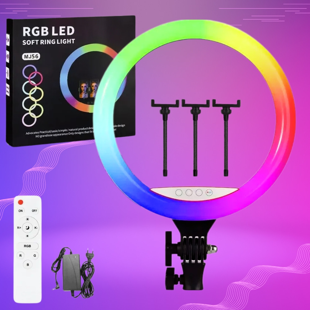 Світлодіодна кільцева RGB лампа MJ56 з пультом кольорове студійне відеосвітло для фото відео блогерів, фото 1