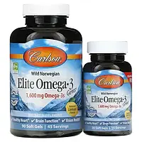Carlson, Elite Omega-3, омега-3 кислоти з норвезької риби дикого улову, лимонний смак, 1600 мг, 120 капсул