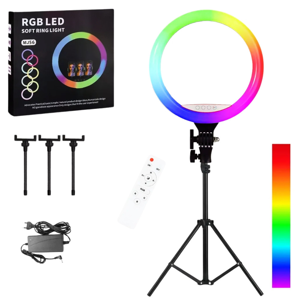 Світлодіодна кільцева RGB лампа MJ56 з пультом та штативом 2м кольорове студійне відеосвітло для фото відео, фото 1