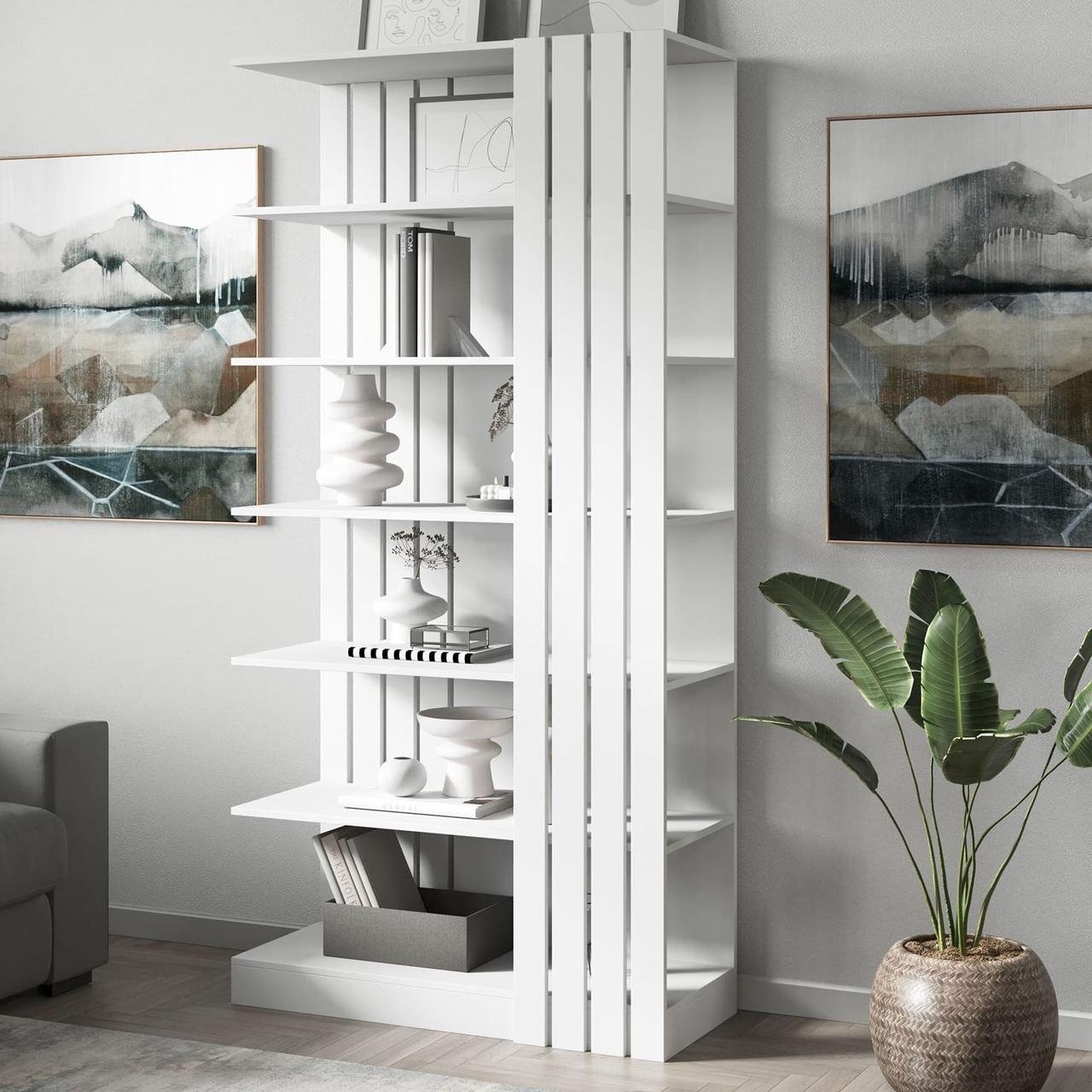 Книжковий стелаж для дому з 6 місткими полицями Стильні полиці для книг і декоративних елементів в офіс, фото 1