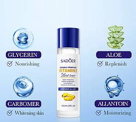 Тонер проти старіння шкіри з вітаміном Е та екстрактом примули вечірньої Sadoer Vitamin E, 120 мл