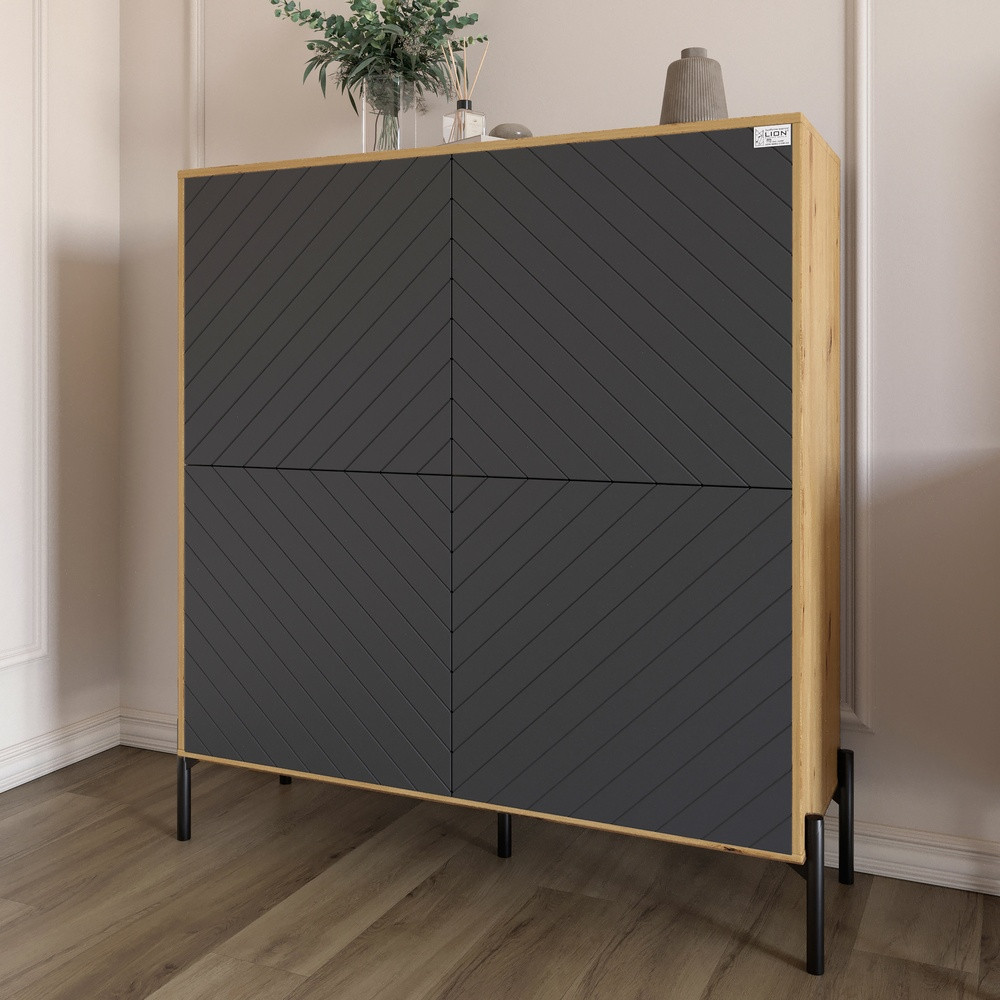 Комод-пенал з чорними металевими ніжками LION Амарант 114х40х126,5 см Дуб Артизан/Графітовий (LION-042028)