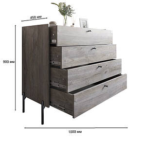 Комод із 4 шухлядами LION Wood із чорними ніжками 100х90х45 см Самоа Димчастий (LION-042985), фото 3