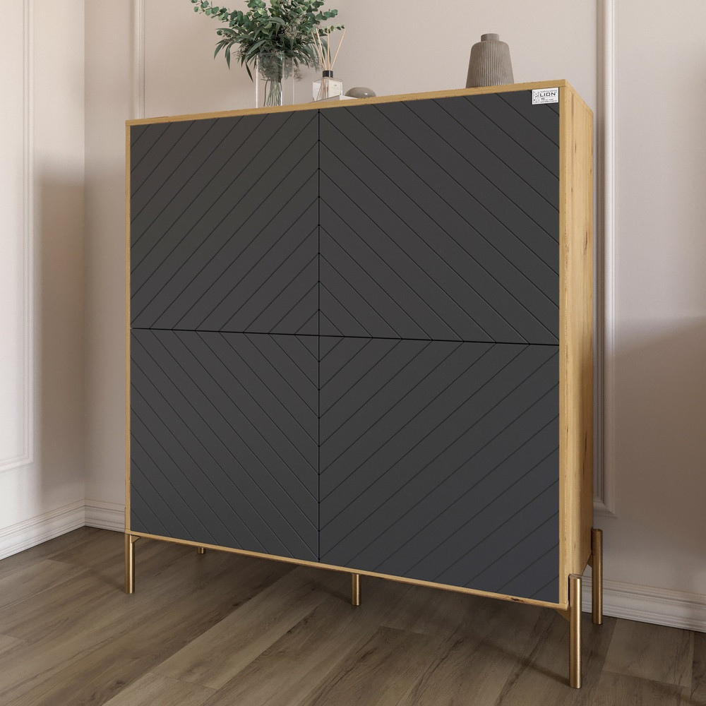 Комод-пенал з золотими металевими ніжками LION Амарант 114х40х126,5 см Дуб Артизан/Графітовий (LION-042041)