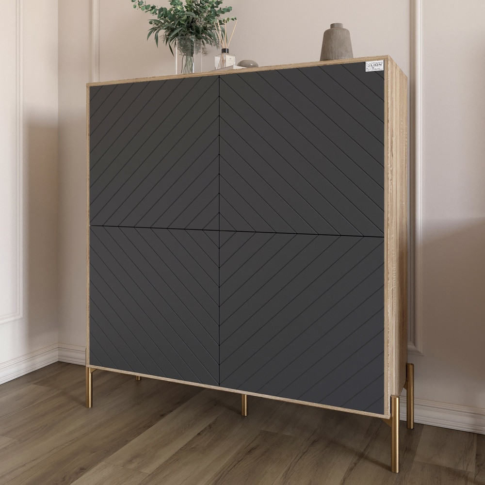 Комод-пенал з золотими металевими ніжками LION Амарант 114х40х126,5 см Дуб сонома трюфель/Графітовий (LION-042042)