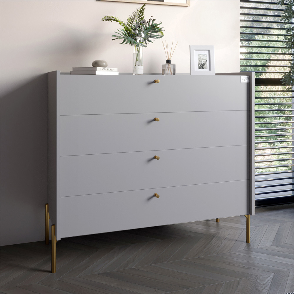 Комод із 4 шухлядами LION Wood із золотими ніжками 100х90х45 см Кашемір (LION-042968)