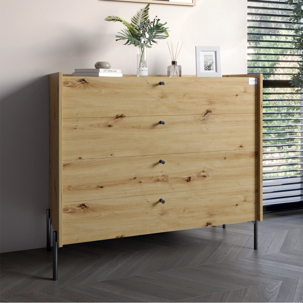 Комод із 4 шухлядами LION Wood із чорними ніжками 100х90х45 см Дуб Артизан (LION-042978)
