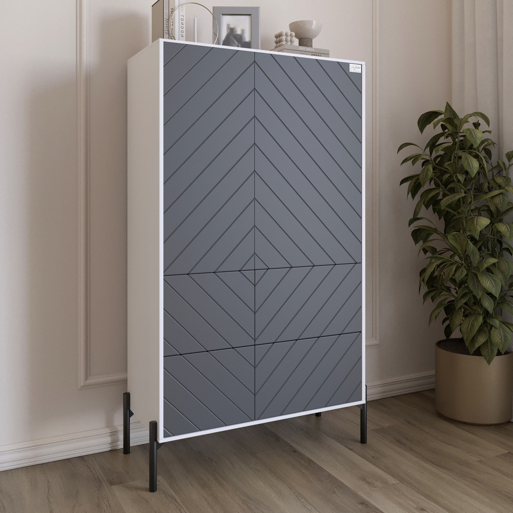 Комод-пенал з рельєфним оздобленням фасаду та чорними металевими ніжками LION Амарант 84x40x150 см Німфея Альба (білий)/Графітовий