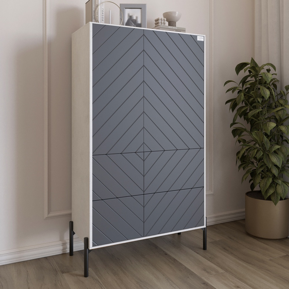 Комод-пенал з рельєфним оздобленням фасаду та чорними металевими ніжками LION Амарант 84x40x150 см Бетон Style/Графітовий