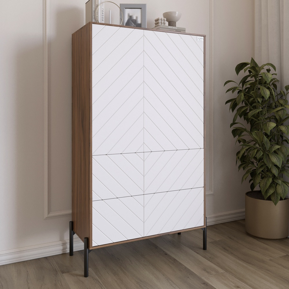 Комод-пенал з рельєфним оздобленням фасаду та чорними металевими ніжками LION Амарант 84x40x150 см Дуб Ліворно/Білий (LION-042143)