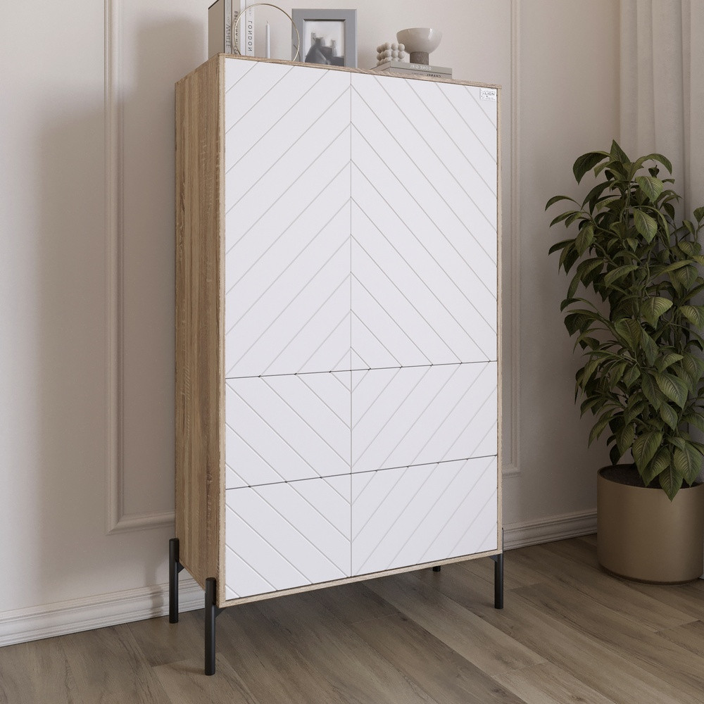 Комод-пенал з рельєфним оздобленням фасаду та чорними металевими ніжками LION Амарант 84x40x150 см Дуб сонома трюфель/Білий