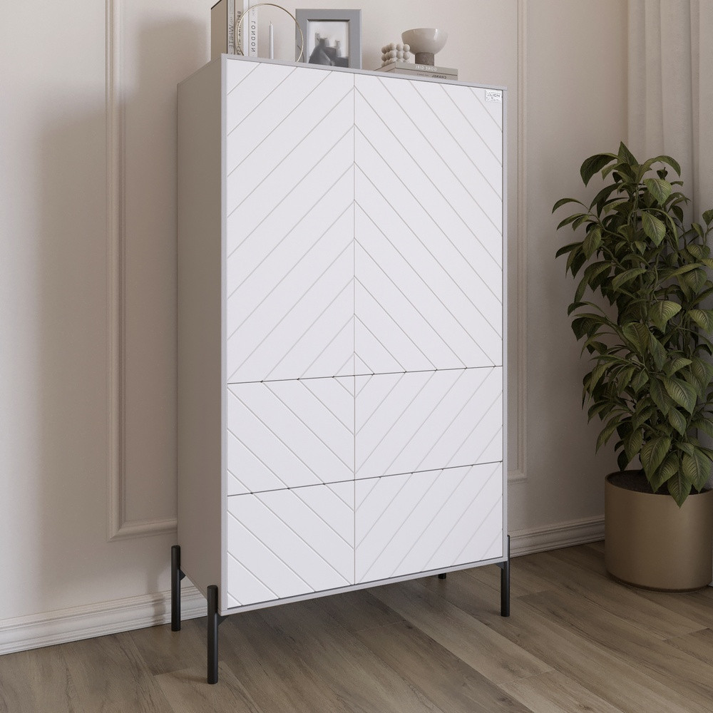 Комод-пенал з рельєфним оздобленням фасаду та чорними металевими ніжками LION Амарант 84x40x150 см Кашемір/Білий (LION-042146)