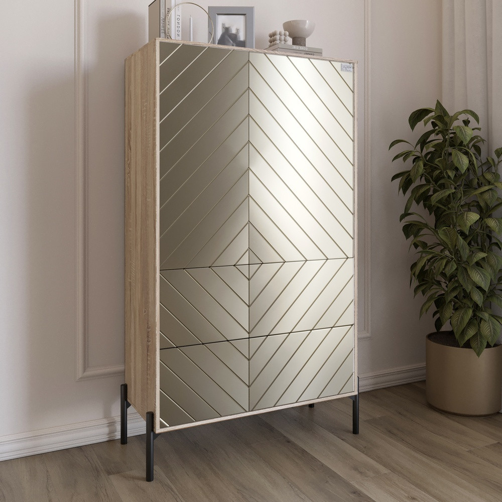 Комод-пенал з рельєфним оздобленням фасаду та чорними металевими ніжками LION Амарант 84x40x150 см Дуб сонома/Перламутровий