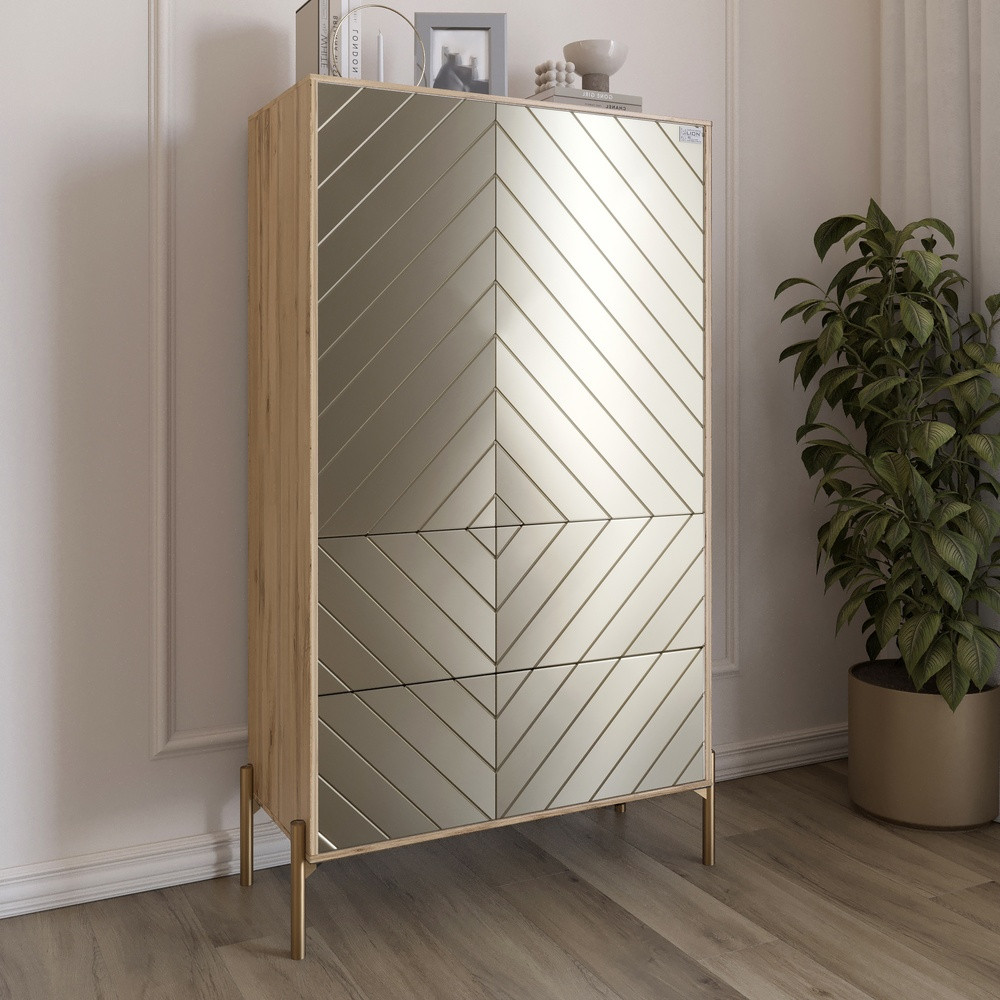 Комод-пенал з рельєфним оздобленням фасаду та золотими металевими ніжками LION Амарант 84x40x150 см Дуб Аппалачі/Перламутровий