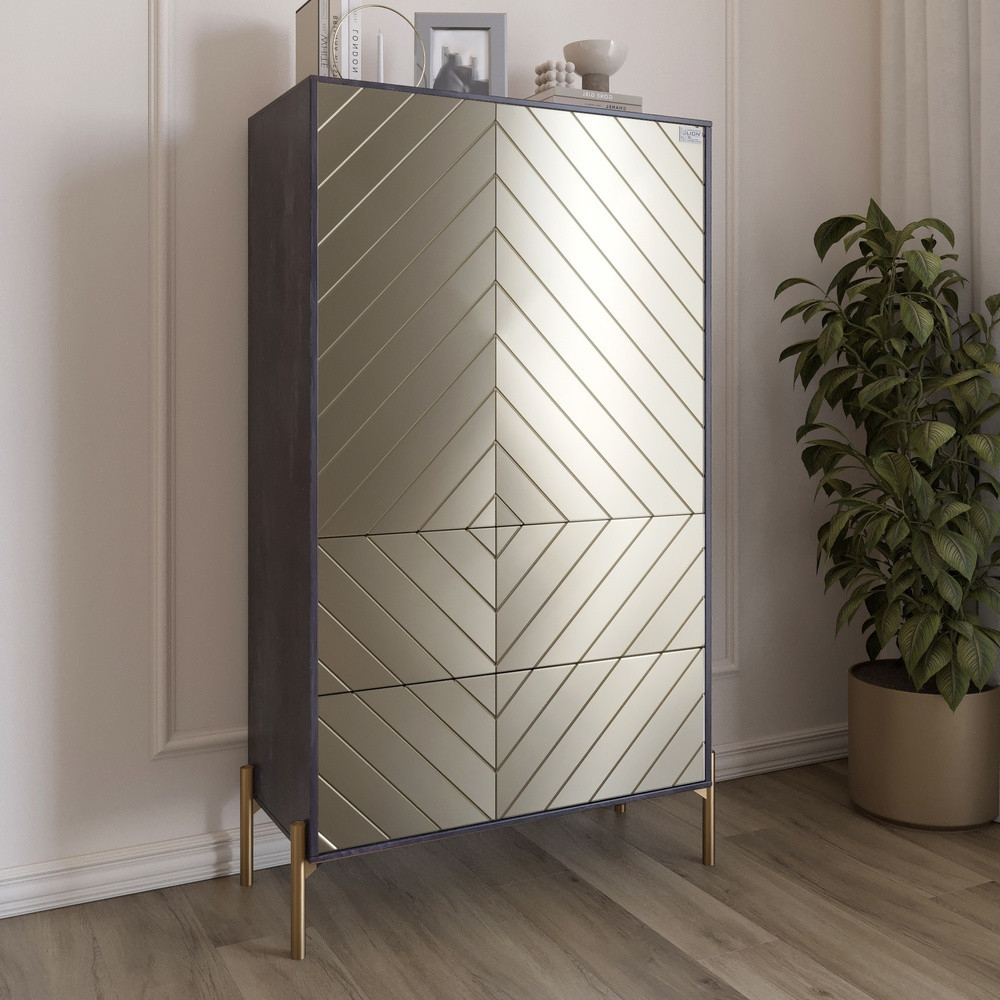 Комод-пенал з рельєфним оздобленням фасаду та золотими металевими ніжками LION Амарант 84x40x150 см Бетон темний/Перламутровий