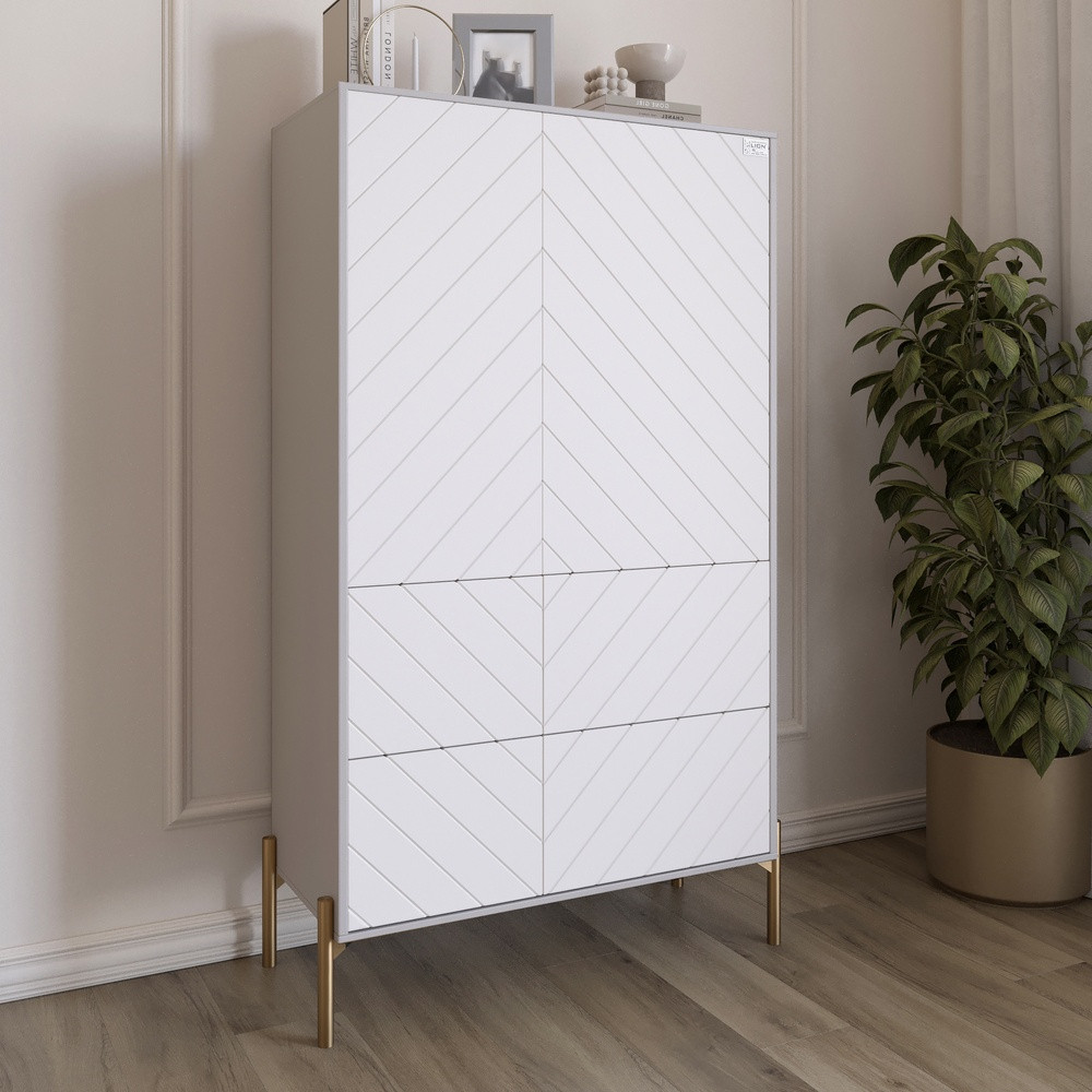 Комод-пенал з рельєфним оздобленням фасаду та золотими металевими ніжками LION Амарант 84x40x150 см Кашемір/Білий (LION-042192)