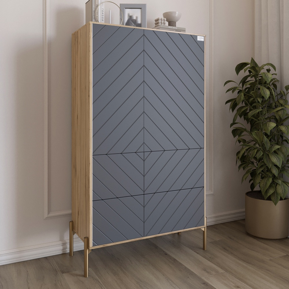 Комод-пенал з рельєфним оздобленням фасаду та золотими металевими ніжками LION Амарант 84x40x150 см Дуб Аппалачі/Графітовий