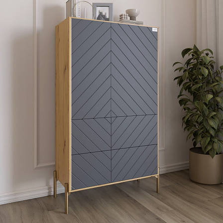 Комод-пенал з рельєфним оздобленням фасаду та золотими металевими ніжками LION Амарант 84x40x150 см Дуб Артизан/Графітовий, фото 1