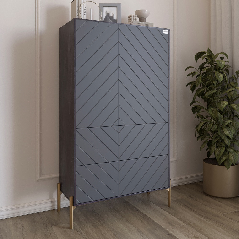 Комод-пенал з рельєфним оздобленням фасаду та золотими металевими ніжками LION Амарант 84x40x150 см Бетон Style/Графітовий