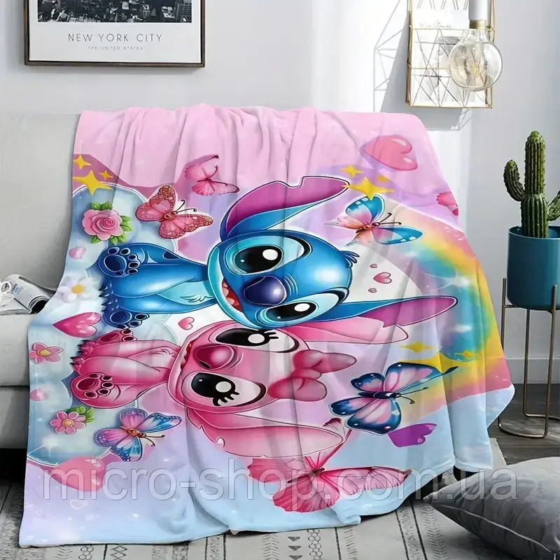 Плюшевий плед ковдра покривало Ангел і Стіч Lilo & Stitch 150х200 см