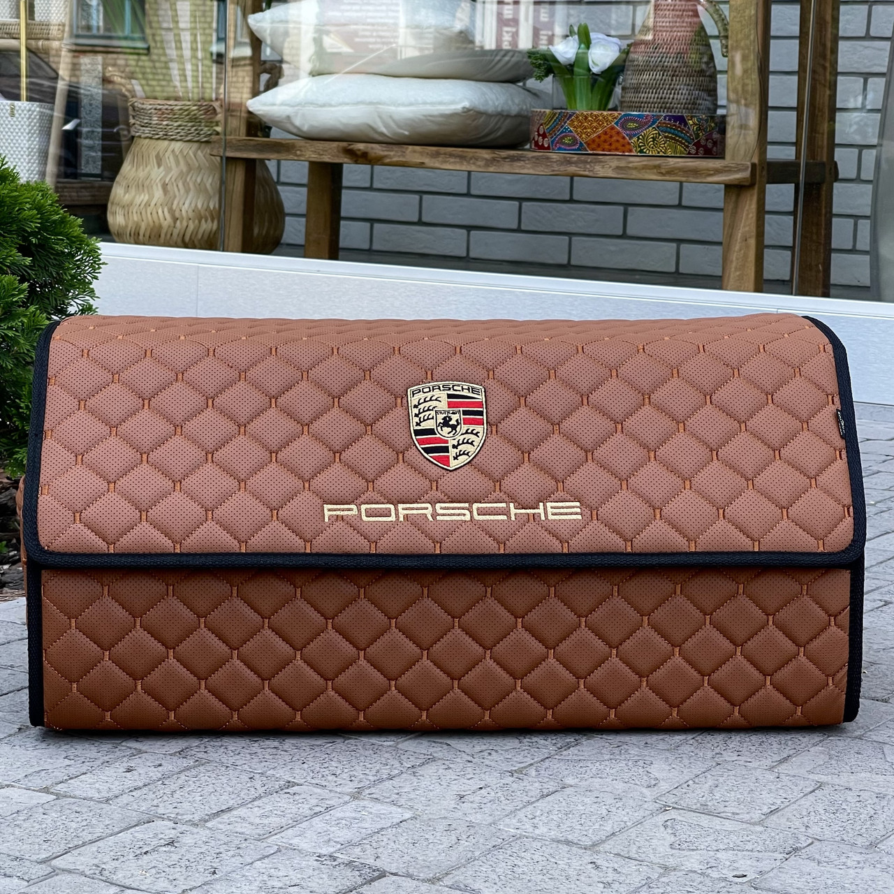 Органайзер у багажник з логотипом Porsche з екошкіри, коньячний, 65 см, автомобільний органайзер, фото 1