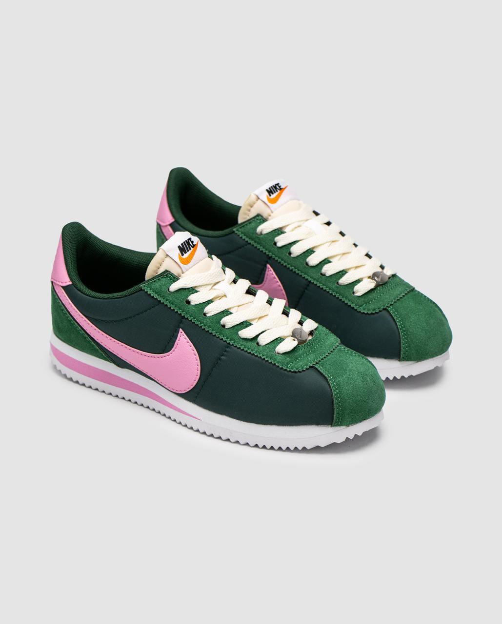 Жіночі кросівки Nike Cortez Green Pink Найк Кортез зелені з рожевим нейлон шкіра замша весна літо