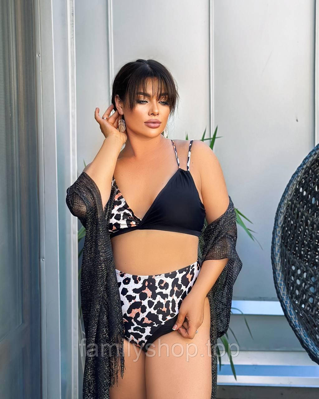 Роздільний купальник із високими плавками бразиліана леопардовий, великого розміру XL, 2XL, 3XL, 4XL, фото 1