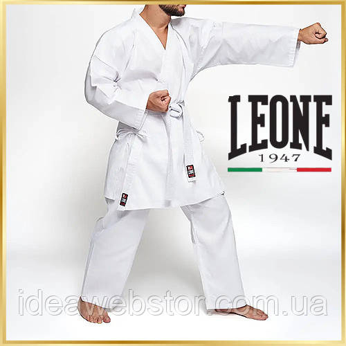 Костюм кімоно для карате біле з білим поясом у комплекті Leone AB400 для дітей та дорослих зріст 180 см