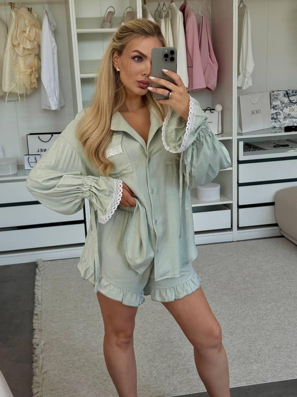 Жіночий костюм льняний сорочка+шорти, в кольорі бірюза S-L