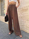 Коричневі жіночі широкі літні штани на гумці з поясом, фото 3