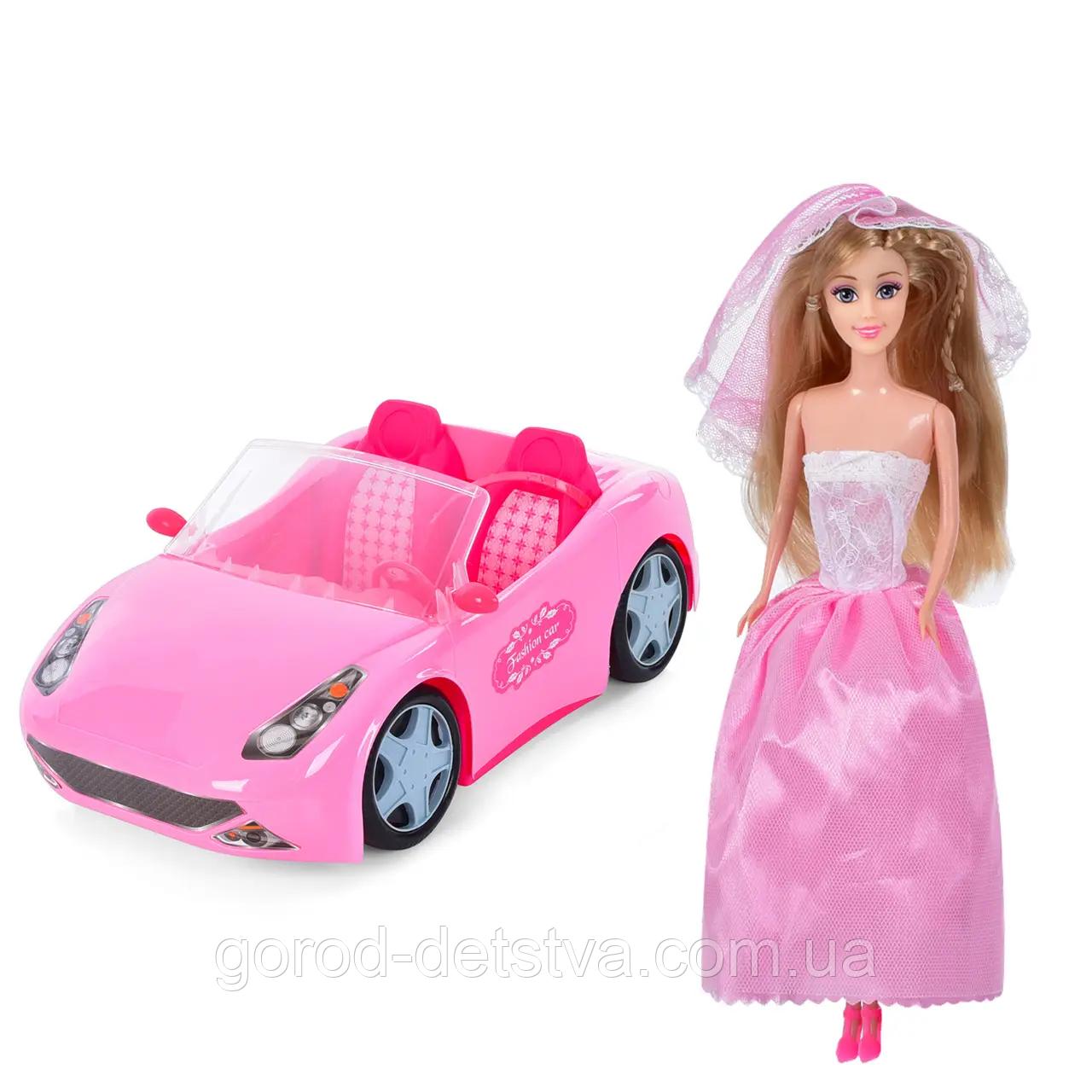 Кабріолет для ляльки Машинка для ляльки Барбі рожевий кабріолет наречена в комплекті (Рожевий), фото 1