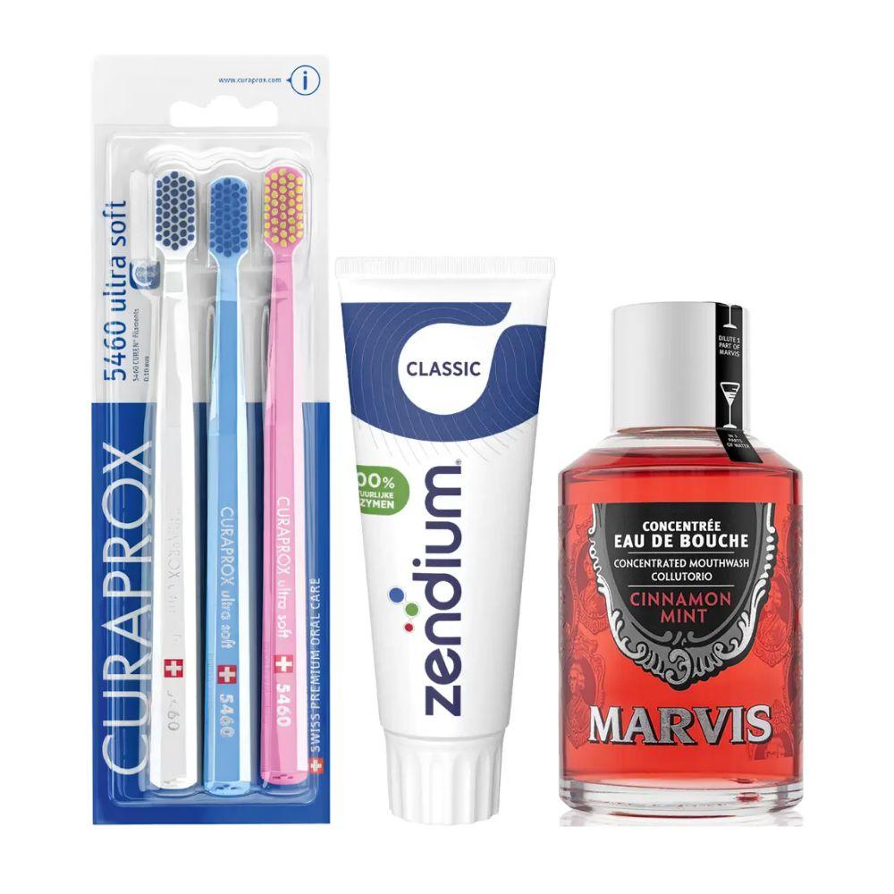 Набір зубних щіток Curaprox CS 5460/3 Ultra Soft + паста Zendium Classic + ополіскувач MARVIS Cinnamon Mint Eau De Bouche
