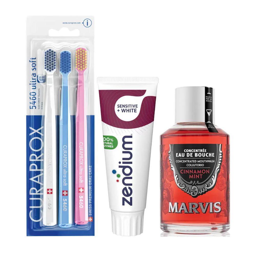 Набір зубних щіток Curaprox CS 5460/3 Ultra Soft + паста Zendium Sensitive+White + ополіскувач MARVIS Cinnamon Mint Eau De Bouche