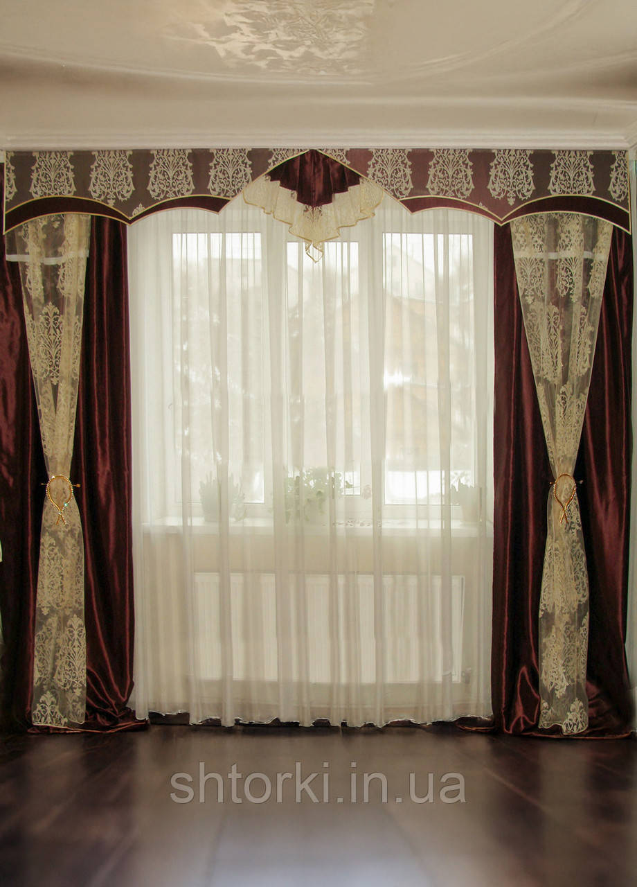 Жорсткий ламбрекен зі шторами Firanka Damask бордовий із золотом (11ж)