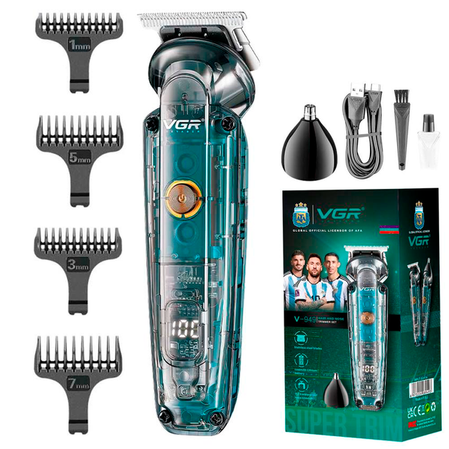 Тример акумуляторний VGR V-949 для бороди та носа IPX6 LCD (5 насадок)