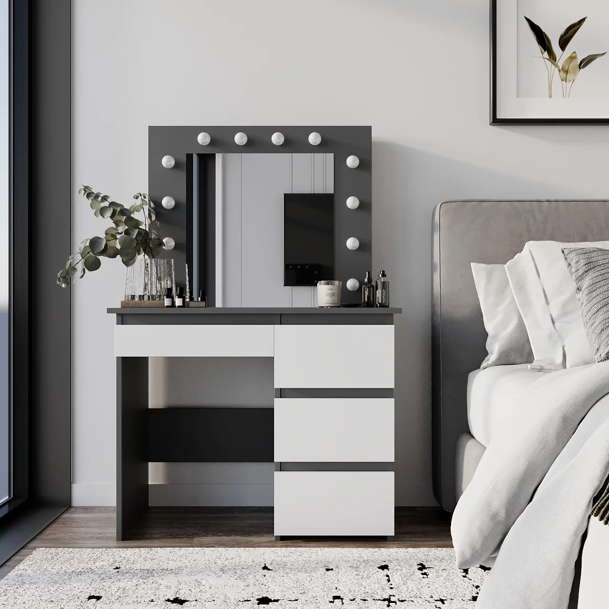 Косметичний столик з дзеркалом і підсвіткою Malta 94×140/75×43 см Графіт/Білий діамант, фото 1