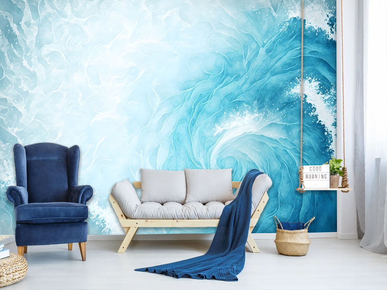 Фотошпалери самоклеюча плівка Oracal абстракція "Пастельний блакитний колір у формі хвилі" на всю стіну, фото 1