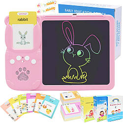 Інтерактивний планшет з дошкою для малювання, 255 карток + Стілус, Рожевий / Дитячі картки для вивчення англійської