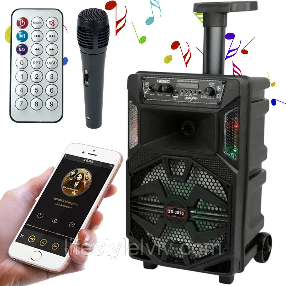 Портативна колонка з мікрофоном 15Вт, Bluetooth, QS-3810 / Блютуз колонка на колесах / Караоке-колонка, фото 1