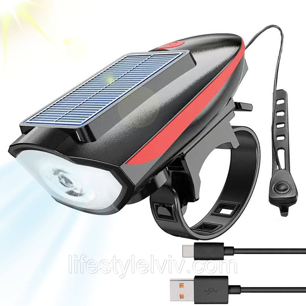 Велофара з сонячною панеллю та сигналом, USB, 7599/S7588 / Велосипедний ліхтар / Передній ліхтар для велосипеда, фото 1