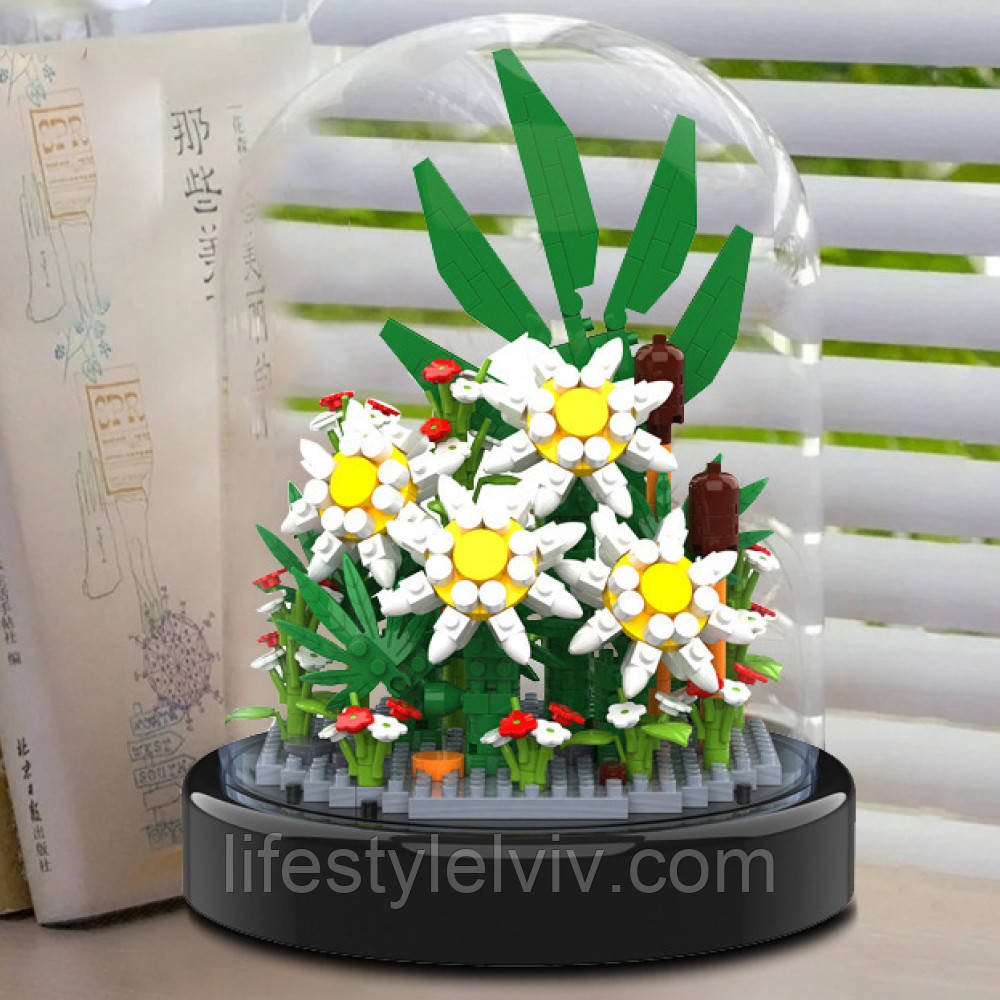 Конструктор Квіти в колбі, 15х11см, 573 деталі, Ромашки / Дитячий конструктор квіти / Квітка з конструктора, фото 1