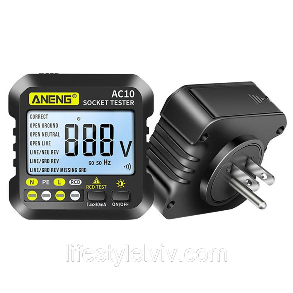 Тестер розеток з функцією перевірки ПЗВ, від батарейок, ANENG AC10 / Цифровий тестер розеток з РК-дисплеєм, фото 1